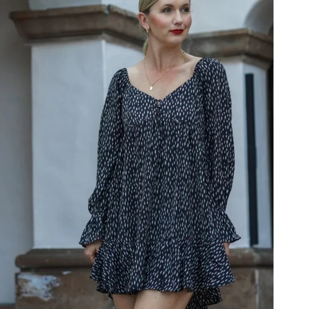 NWT New In Boho Long Sleeve Flowy Black & White A-Line Mini Dress Sz M - Picture 13 of 13